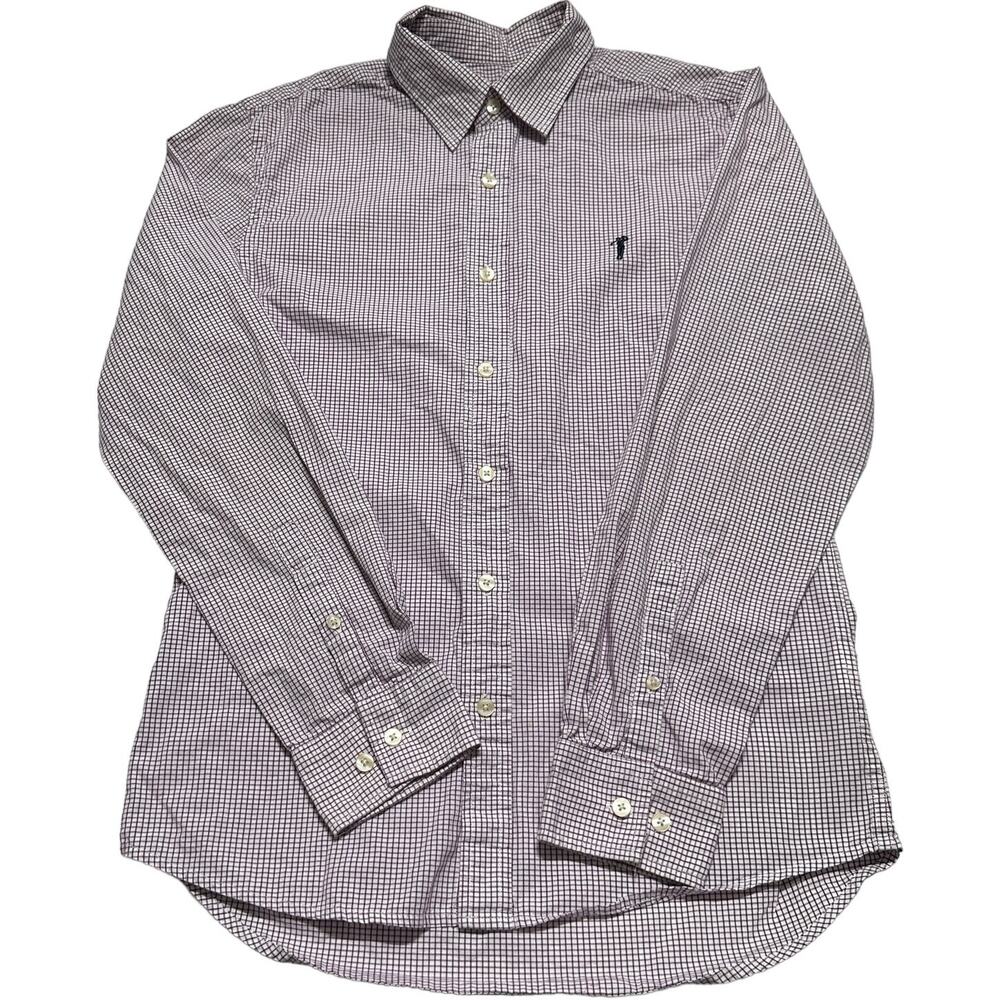 BOSSINI Golf Shirt Men M Purple White Checker Slim Long Sleeve Button Up Cotton